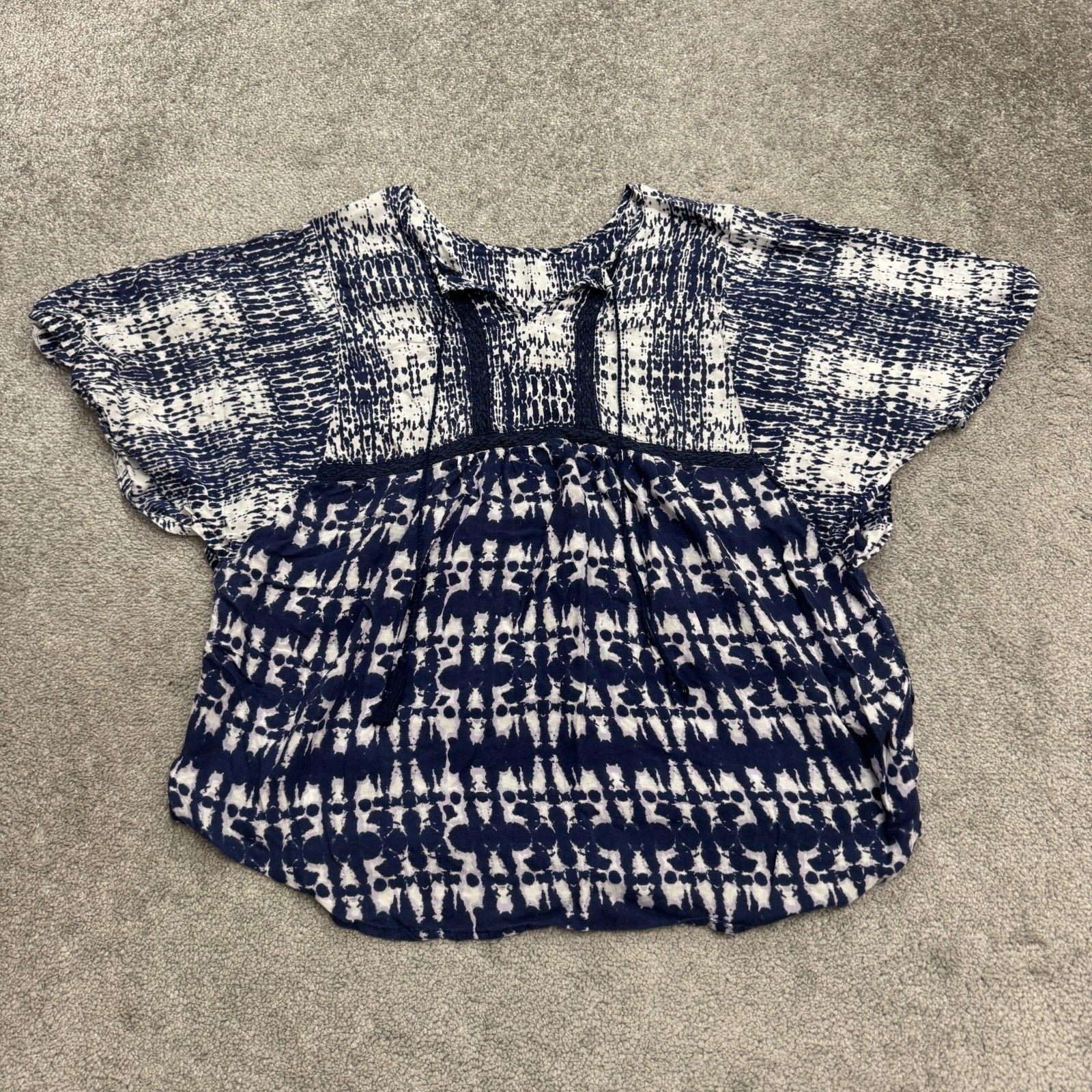 Beach Lunch Lounge Tie-Dye Peasant Tasseled Blouse Womens 1x Blue White Boho Top